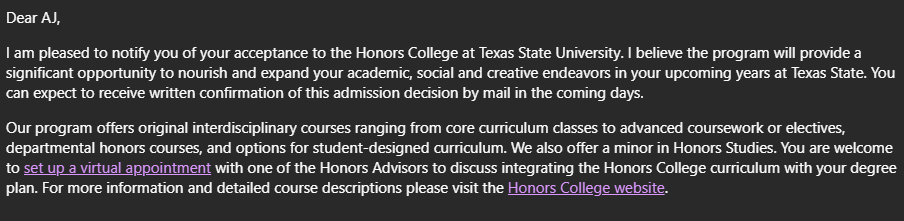Texas State University Honors College acceptance letter