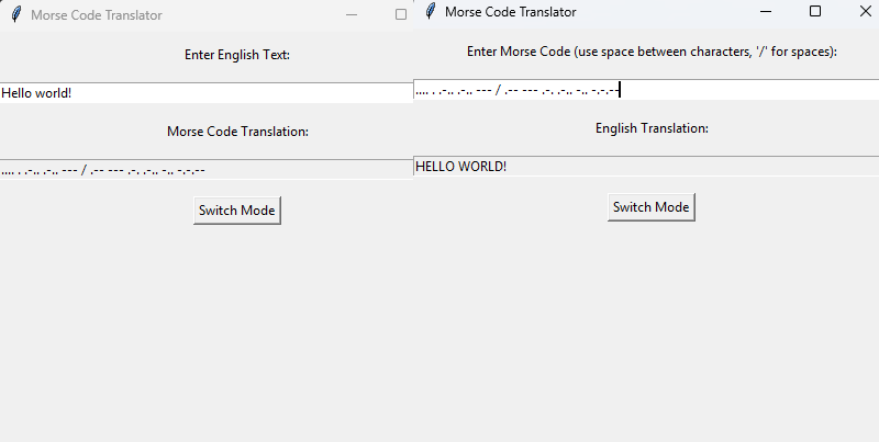 Preview of how the morse code translator works normally and in reverse