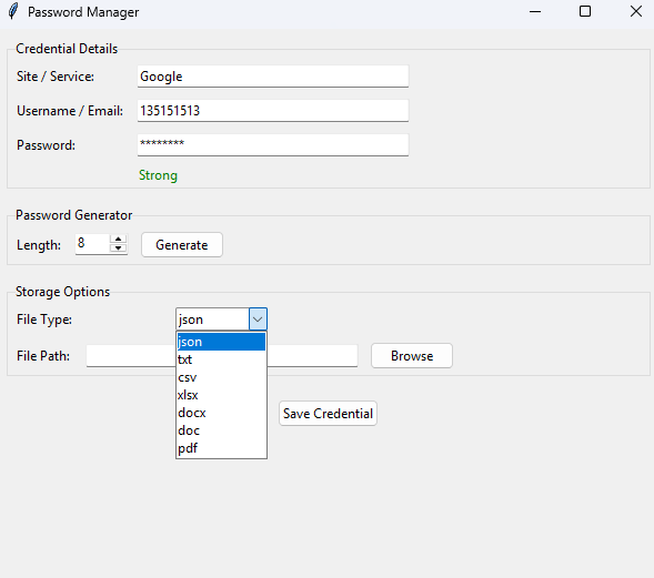 Preview of most of the functionality of the Password Manager script